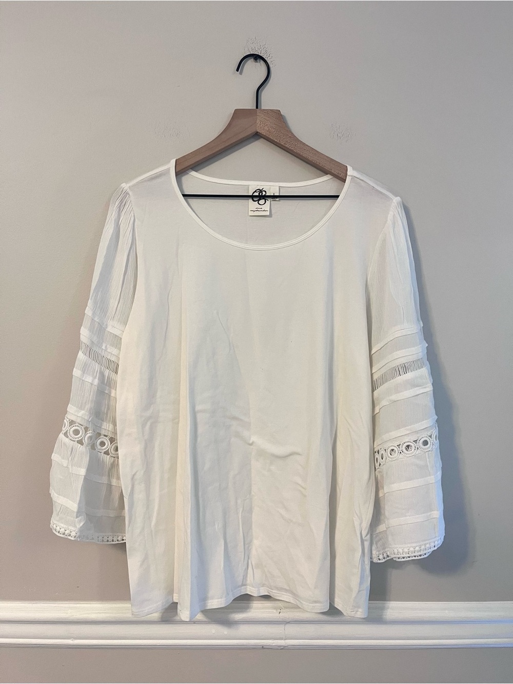 One September Anthropologie  Women’s White Bell Sleeve Boho Blouse  L Crochet